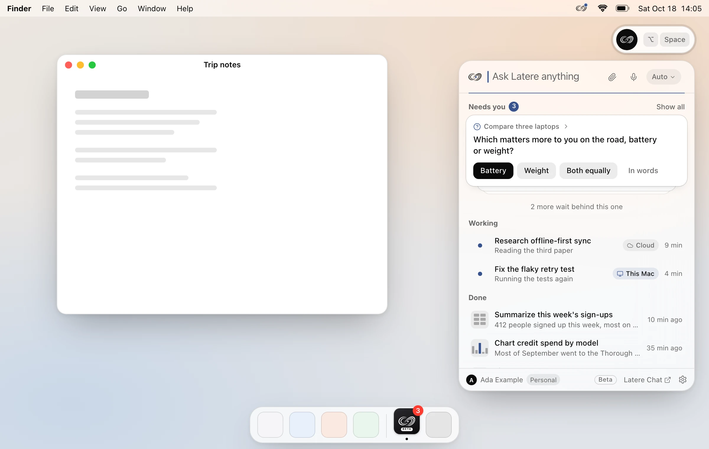 Latere Studio on a Mac: the panel open under the widget at the top right, a question waiting for an answer on top, two conversations at work and two finished, and Latere in the Dock.